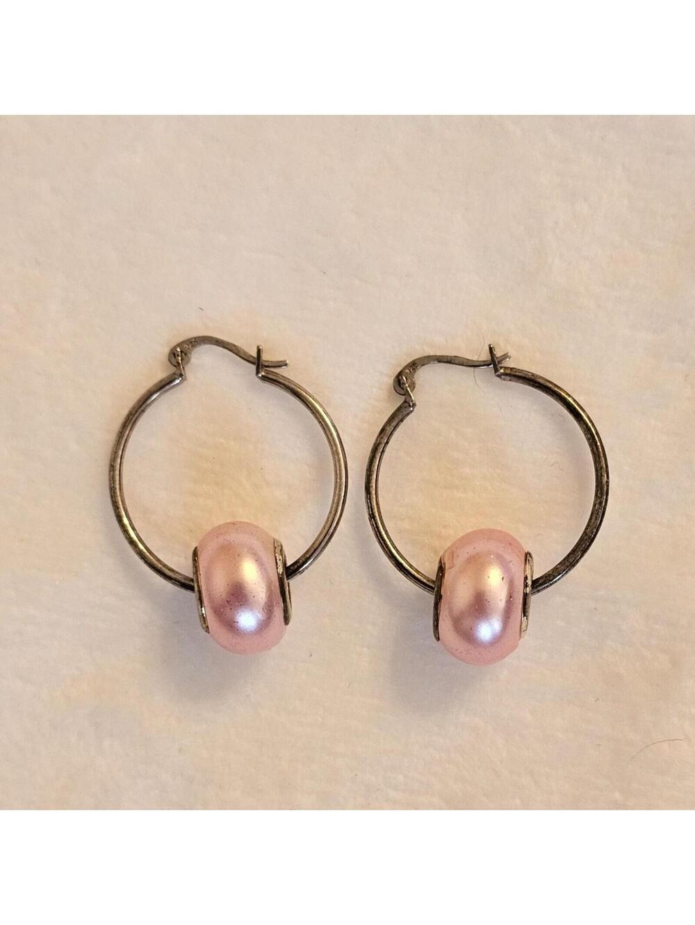 Sterling Silver 925 Hoop Earrings With Removable Pink Beads